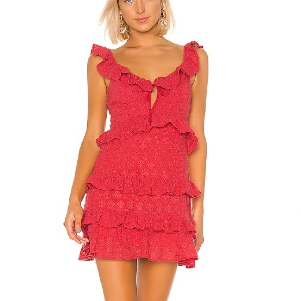 Lovers + Friends Dean Mini Dress Tomato Red Eyelet Tiered Ruffle Small - Picture 13 of 14